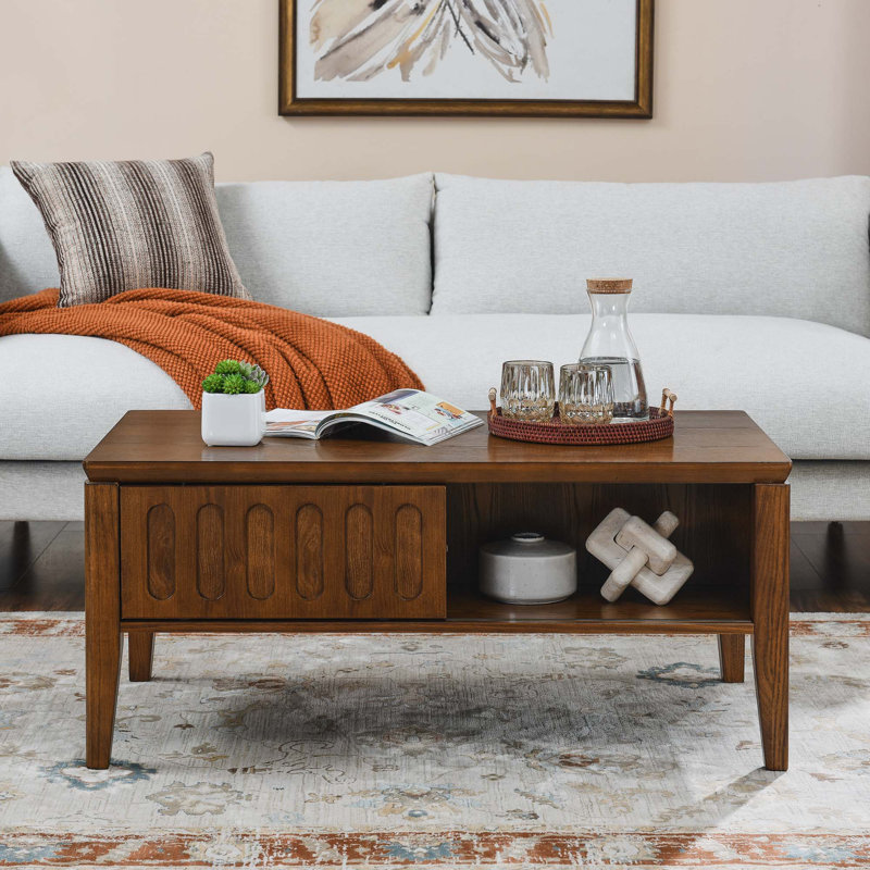 Lark Manor Mid Century Modern Fluted Cordula With Storage Sliding Door Solid Wood Leg Vintage Farmhouse Wood Center Table For Living Room Apartment Office Accent Table TV Stand Wayfair